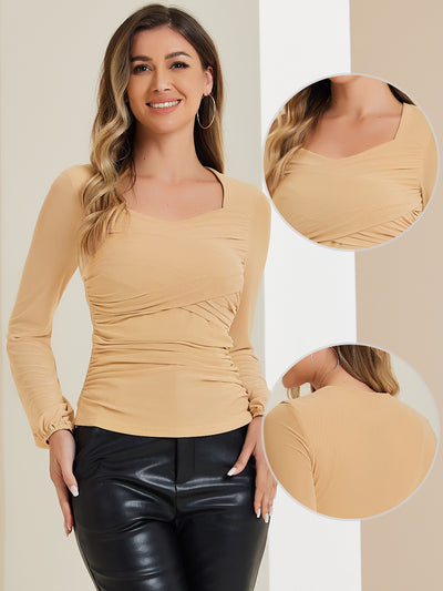 Ruched Mesh V Neck Long Sleeve Slim Fit Dressy Casual Blouse