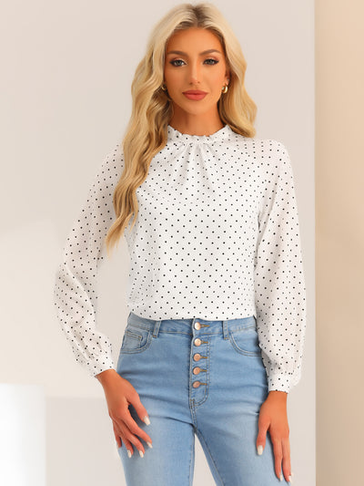 Polka Dots Funnel Neck Tie Back Sheer Long Sleeve Blouse