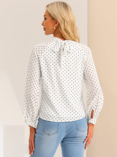 Polka Dots Funnel Neck Tie Back Sheer Long Sleeve Blouse