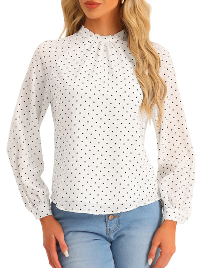 Polka Dots Funnel Neck Tie Back Sheer Long Sleeve Blouse