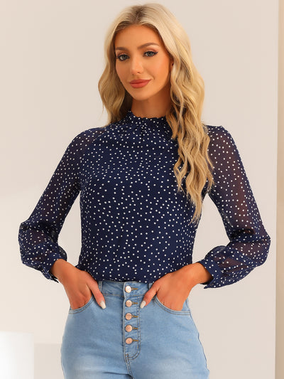 Polka Dots Funnel Neck Tie Back Sheer Long Sleeve Blouse