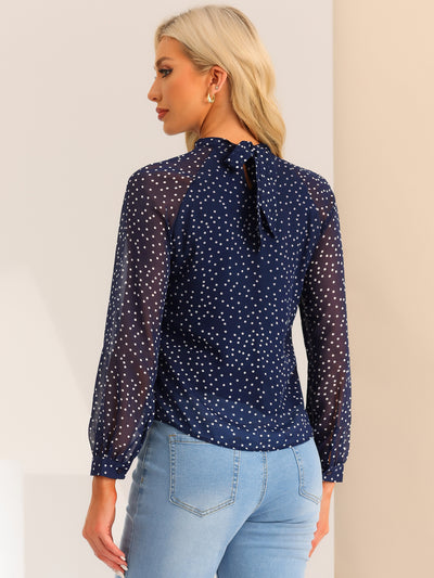 Polka Dots Funnel Neck Tie Back Sheer Long Sleeve Blouse