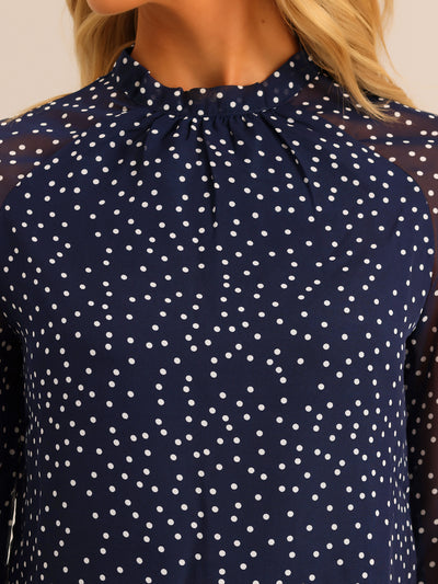 Polka Dots Funnel Neck Tie Back Sheer Long Sleeve Blouse