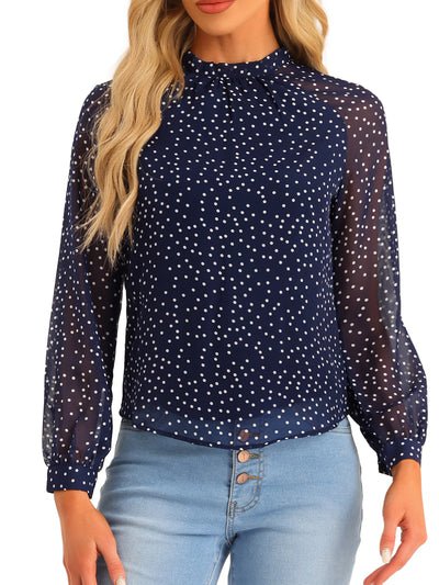 Polka Dots Funnel Neck Tie Back Sheer Long Sleeve Blouse