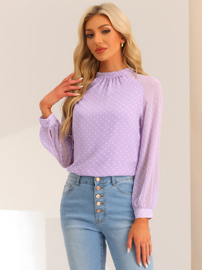 Polka Dots Funnel Neck Tie Back Sheer Long Sleeve Blouse