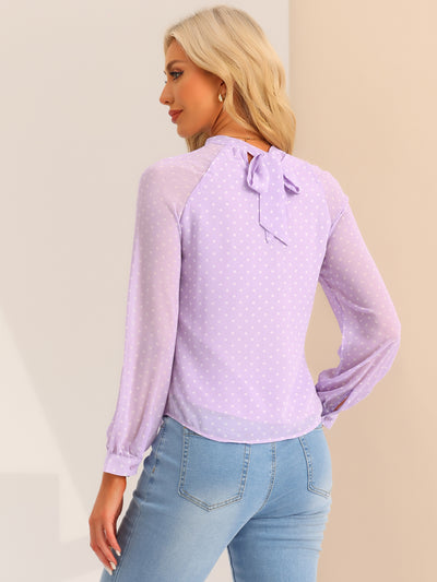 Polka Dots Funnel Neck Tie Back Sheer Long Sleeve Blouse