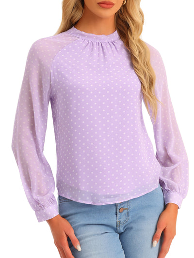 Polka Dots Funnel Neck Tie Back Sheer Long Sleeve Blouse