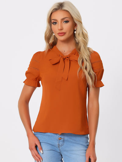 Bow Tie Collar Short Sleeve Elegant Office Workwear Blouse