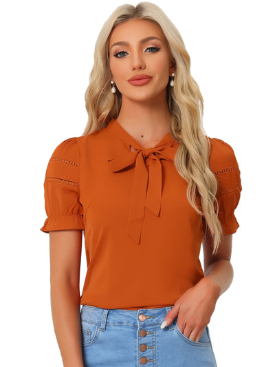 Bow Tie Collar Short Sleeve Elegant Office Workwear Blouse