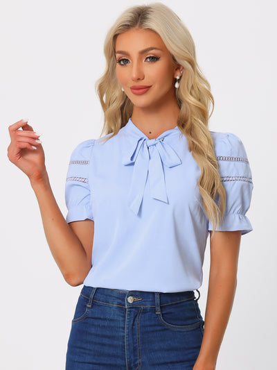 Bow Tie Collar Short Sleeve Elegant Office Workwear Blouse