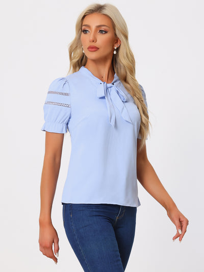 Bow Tie Collar Short Sleeve Elegant Office Workwear Blouse