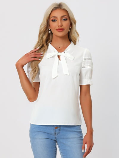 Bow Tie Collar Short Sleeve Elegant Office Workwear Blouse