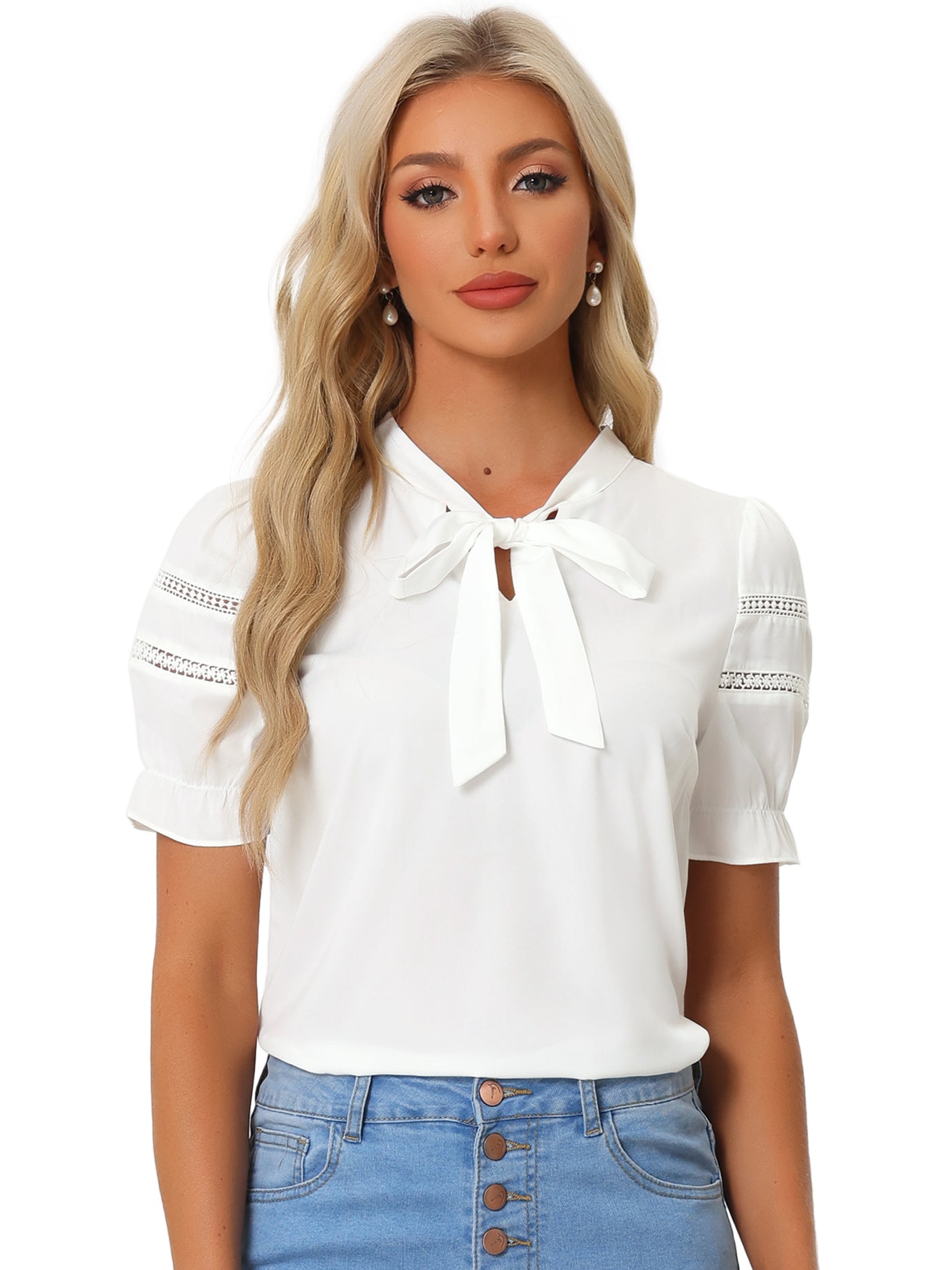 Allegra K Bow Tie Collar Short Sleeve Elegant Office Workwear Blouse