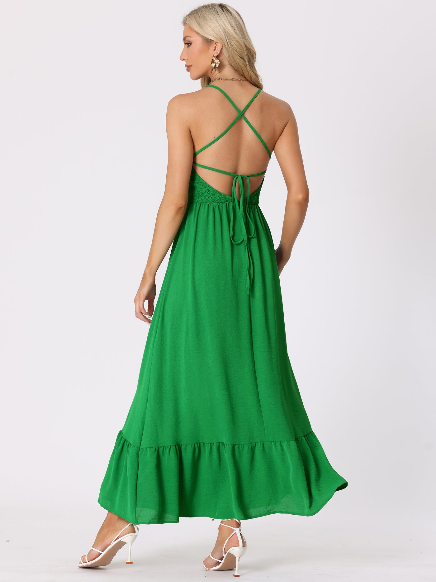 Allegra K Smocked Backless Sleeveless Solid Lace-Up Summer Maxi Dress Sundress