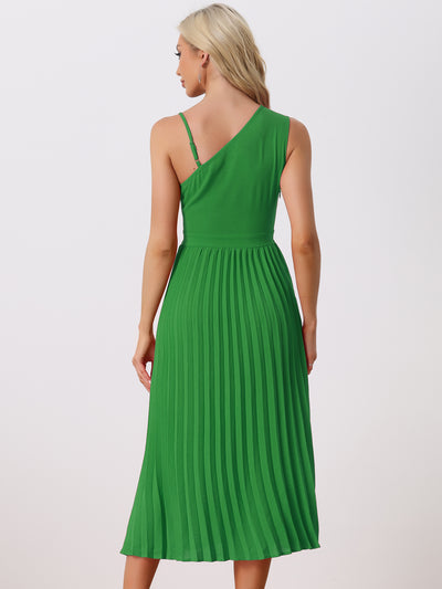 One Shoulder Pleated Sleeveless Elastic Waist Party Cocktail Dress