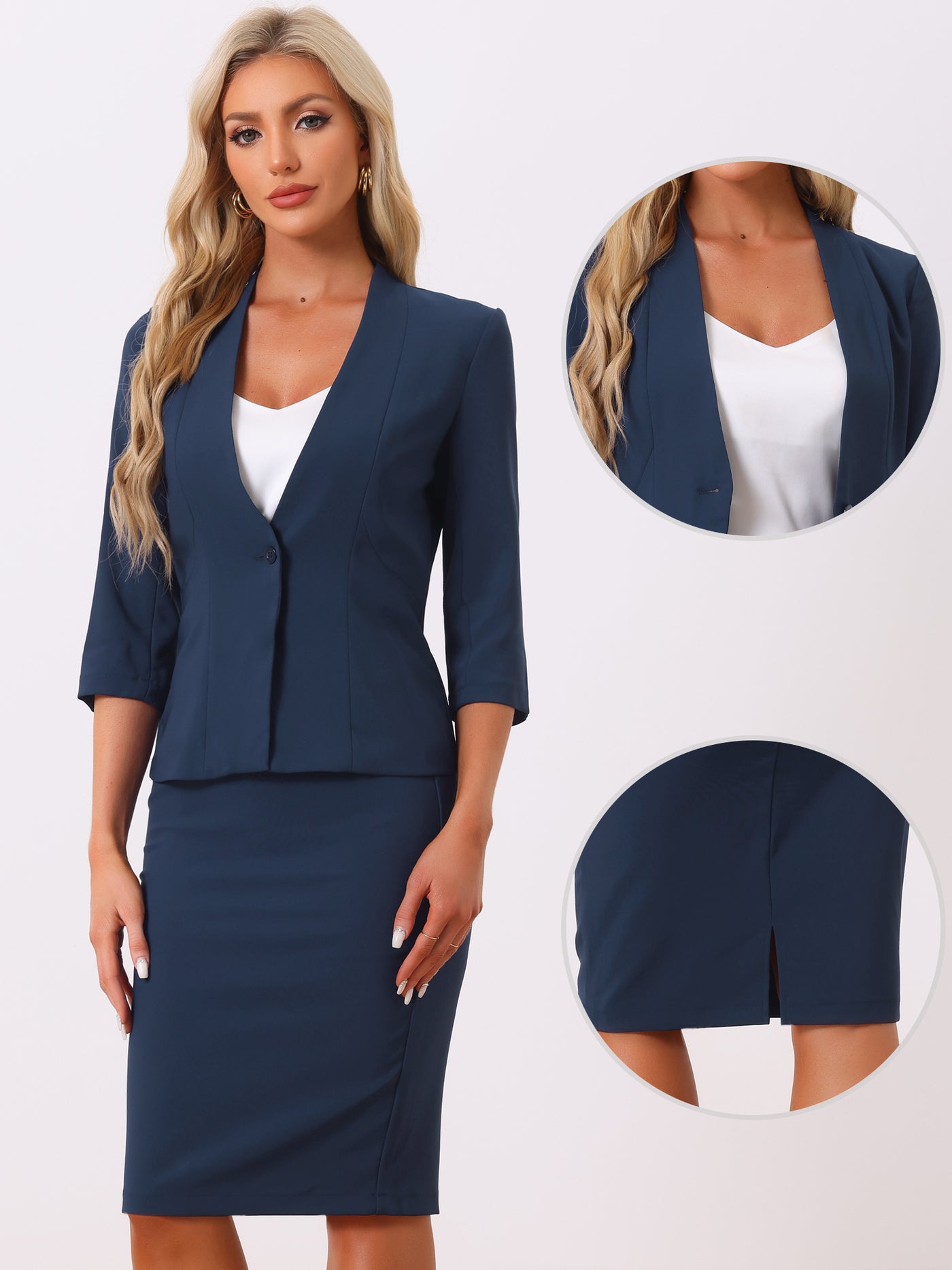 Allegra K 2 Pieces Collarless 3/4 Sleeves Blazer and Pencil Skirt Office Work Business Suit Set