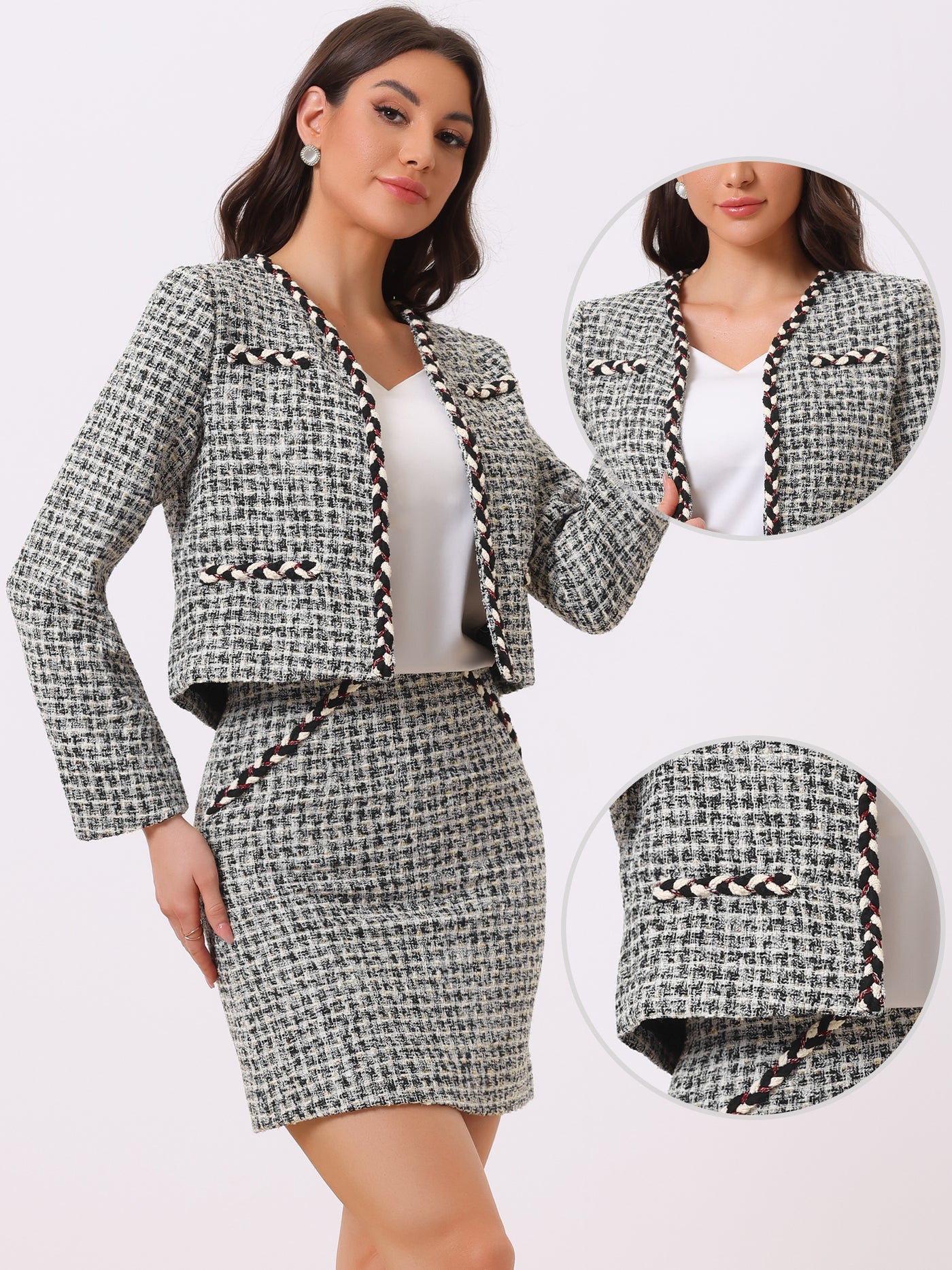 Allegra K 2PCS Plaid Tweed Open Front Cropped Blazer Jacket and Pencil Skirt Sets