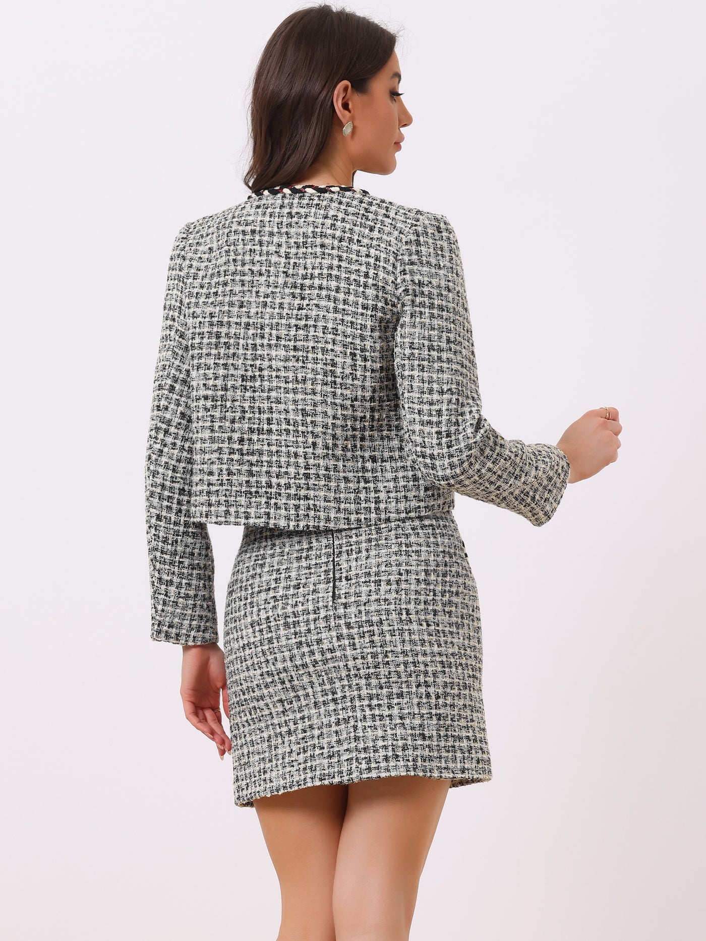 Allegra K 2PCS Plaid Tweed Open Front Cropped Blazer Jacket and Pencil Skirt Sets