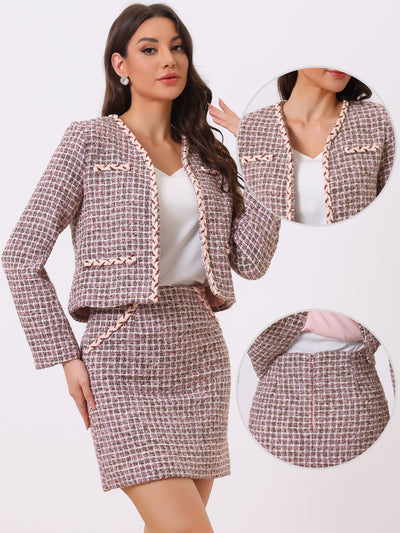 2PCS Plaid Tweed Open Front Cropped Blazer Jacket and Pencil Skirt Sets