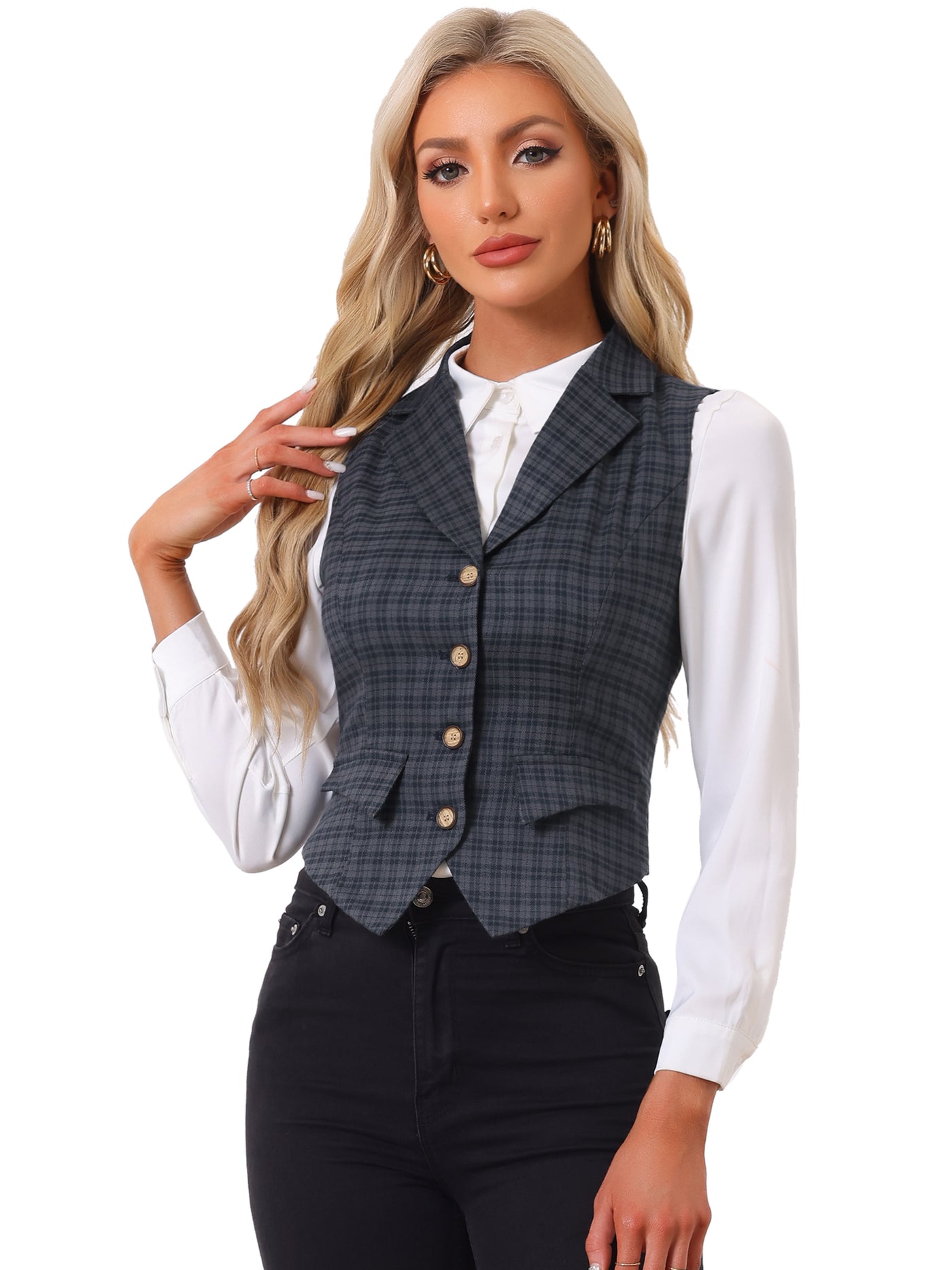 Allegra K Plaid Waistcoat Notched Lapel Collar Single Breasted Vintage Vest