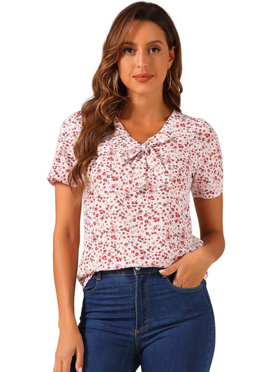 Bow Tie V Neck Short Sleeve Straight Loose Breathable Printed Blouse