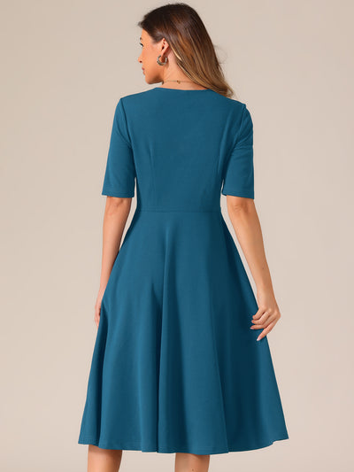 Solid Color V Neck Half Sleeve Pocketed Swing Midi Dress