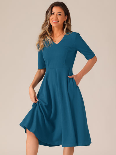 Allegra K Solid Color V Neck Half Sleeve Pocketed Swing Midi Dress