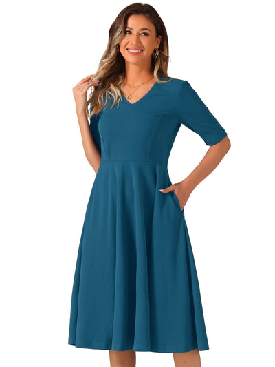 Solid Color V Neck Half Sleeve Pocketed Swing Midi Dress