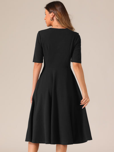 Solid Color V Neck Half Sleeve Pocketed Swing Midi Dress