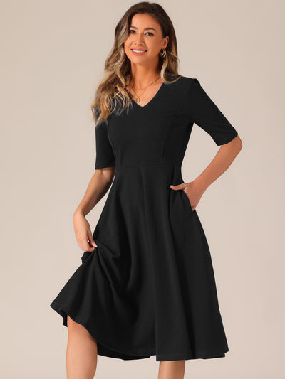 Solid Color V Neck Half Sleeve Pocketed Swing Midi Dress