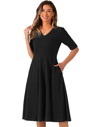 Solid Color V Neck Half Sleeve Pocketed Swing Midi Dress