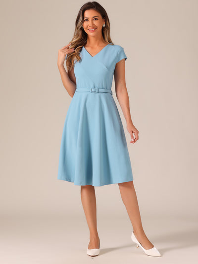 Belted V Neck Cap Sleeve Flowy A-line Midi Dress