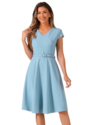 Belted V Neck Cap Sleeve Flowy A-line Midi Dress