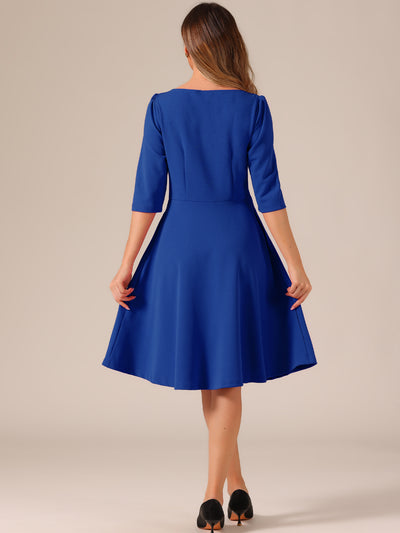 Boat Neck 3/4 Sleeves Midi Flared Office Dress