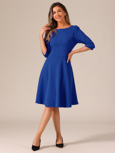 Boat Neck 3/4 Sleeves Midi Flared Office Dress