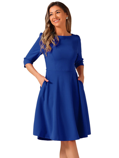 Boat Neck 3/4 Sleeves Midi Flared Office Dress