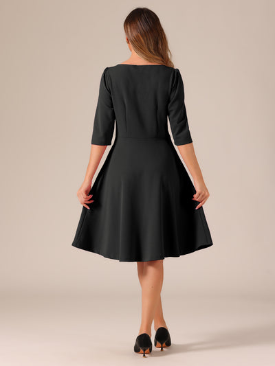 Boat Neck 3/4 Sleeves Midi Flared Office Dress