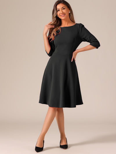 Boat Neck 3/4 Sleeves Midi Flared Office Dress