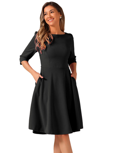 Boat Neck 3/4 Sleeves Midi Flared Office Dress