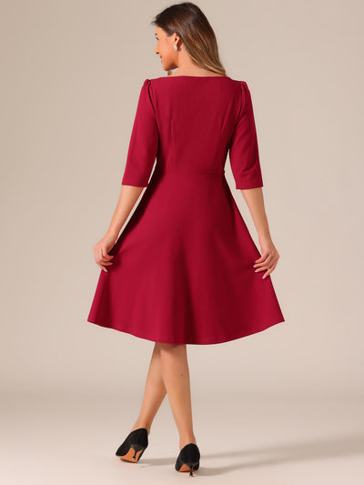 Boat Neck 3/4 Sleeves Midi Flared Office Dress