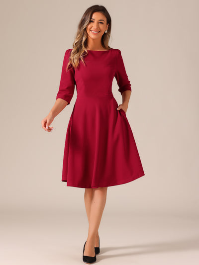 Boat Neck 3/4 Sleeves Midi Flared Office Dress