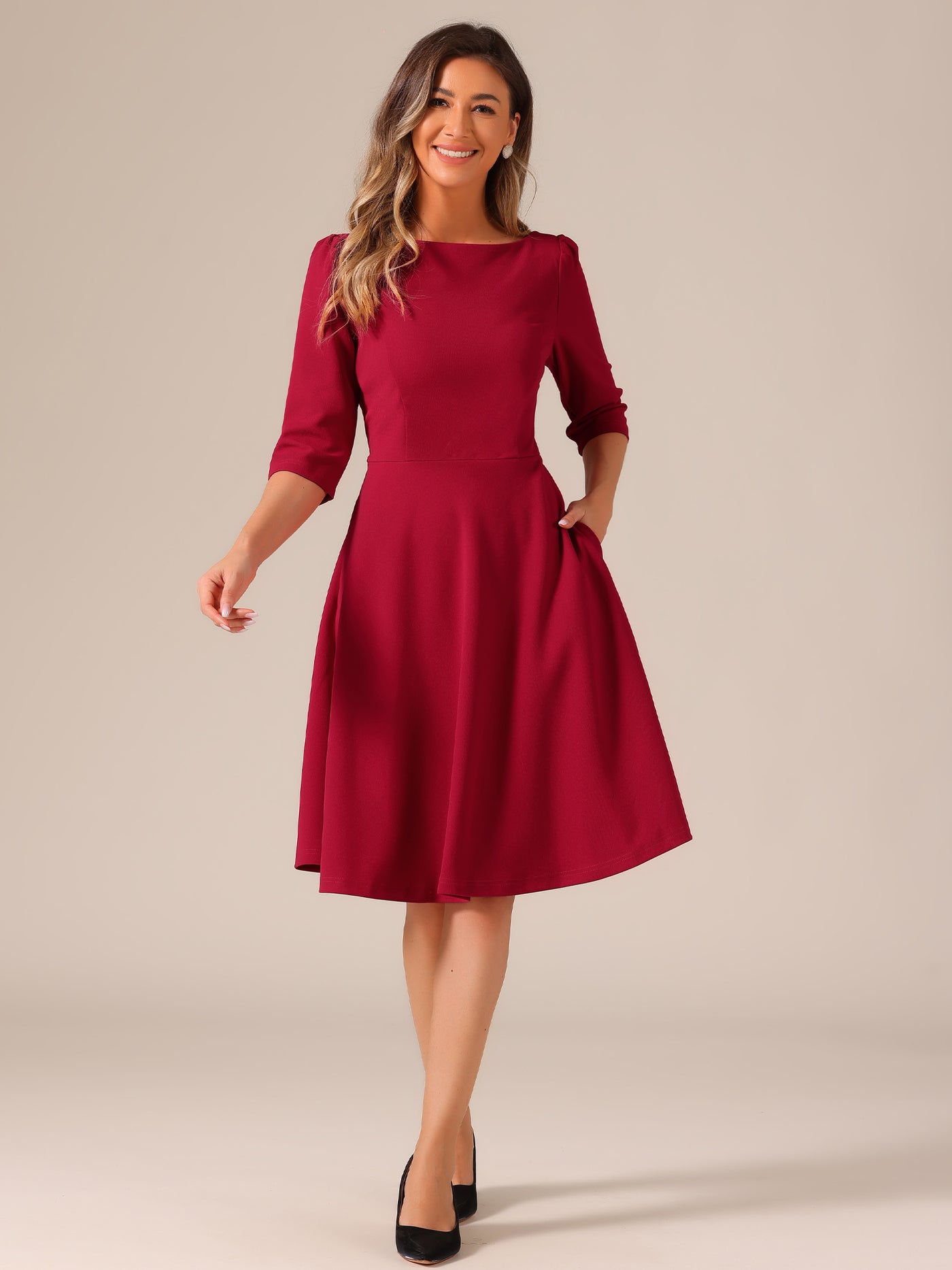 Allegra K Boat Neck 3/4 Sleeves Midi Flared Office Dress