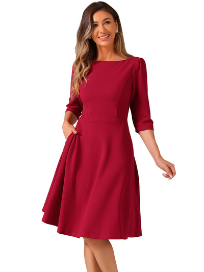 Boat Neck 3/4 Sleeves Midi Flared Office Dress