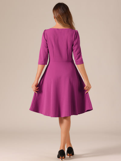 Boat Neck 3/4 Sleeves Midi Flared Office Dress