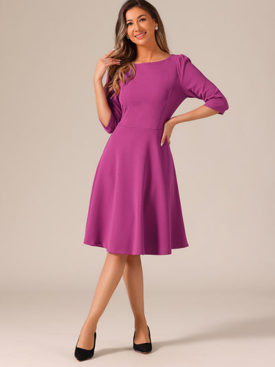 Boat Neck 3/4 Sleeves Midi Flared Office Dress