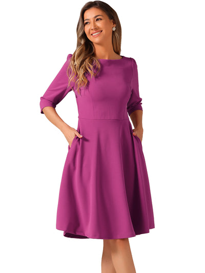 Boat Neck 3/4 Sleeves Midi Flared Office Dress