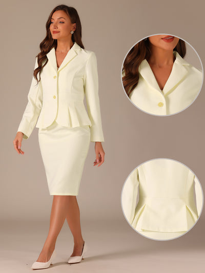 Long Sleeve Notched Lapel Peplum Blazer Pencil Skirt 2 Piece Set