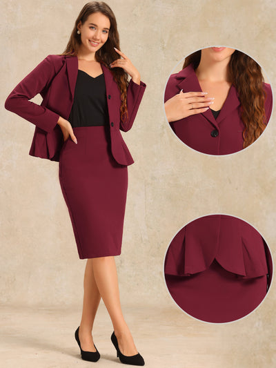 Long Sleeve Notched Lapel Peplum Blazer Pencil Skirt 2 Piece Set