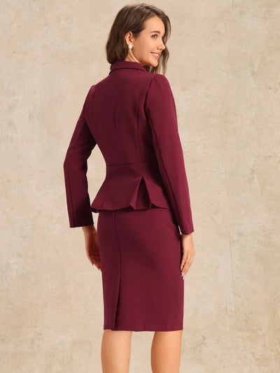 Long Sleeve Notched Lapel Peplum Blazer Pencil Skirt 2 Piece Set