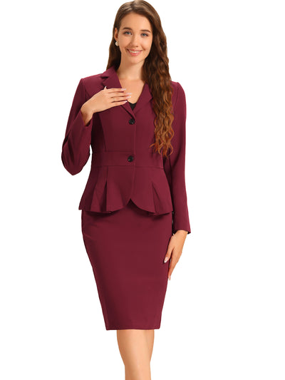 Long Sleeve Notched Lapel Peplum Blazer Pencil Skirt 2 Piece Set